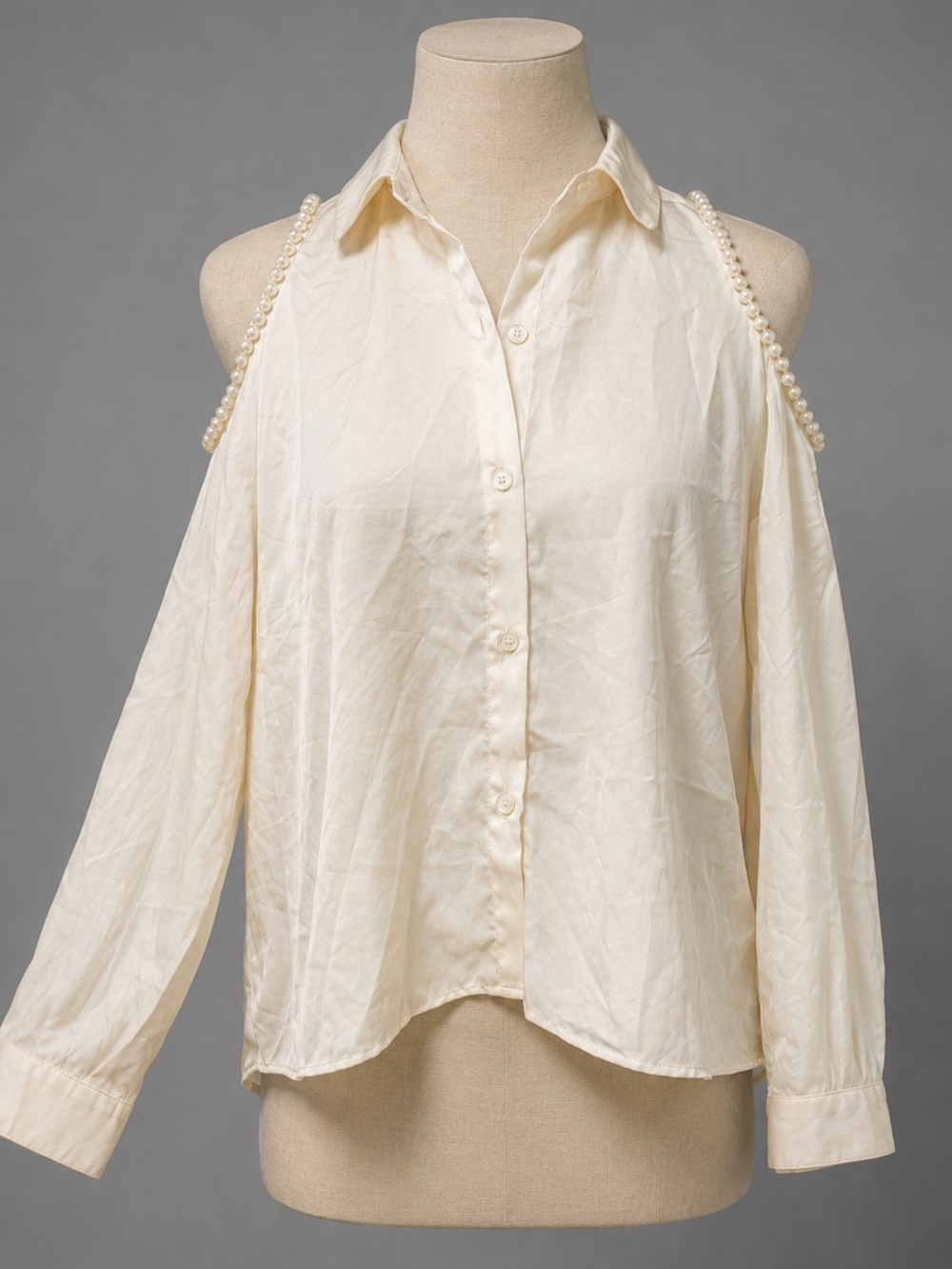 Romantic Sheer HiLo Pearl Accent Cold Bare Shoulder Cream Dressy Shirt Top sz S